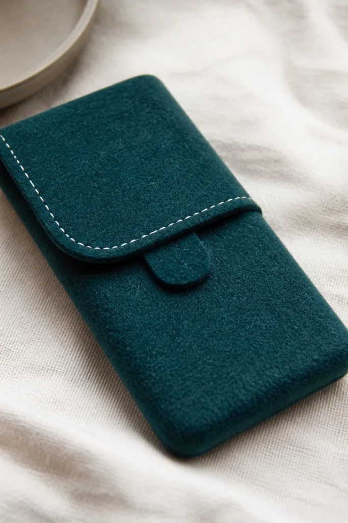 A phone covered in dark teal felt with a small front flap that tucks under a tab; a single white stitched-looking line runs along the flap edge.
