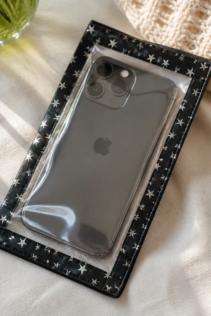 A clear vinyl sleeve around a phone with a neat border of patterned duct tape (black with tiny stars) around the edges; the camera area is visible through the clear front.