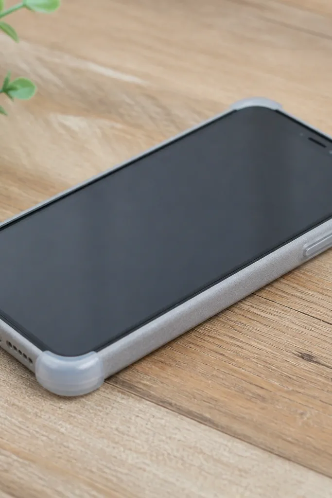 A phone wrapped in light gray craft foam around the sides only, with four small corner pieces made from smooth hot glue forming rounded protective caps.