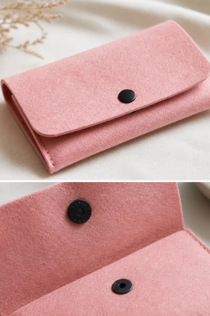 A pink felt cover with a small sewn-looking black button and a matching magnet dot inside; it closes with a satisfying snap.