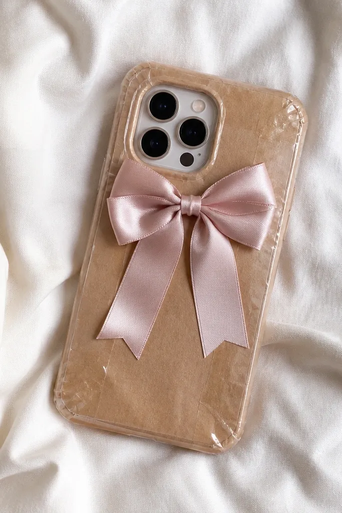 A pastel ribbon bow sits on a phone cover made from kraft paper and clear tape; the edges are sealed and the bow is centered above the camera.