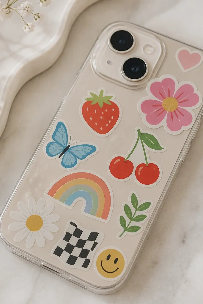 A phone covered in a matte base with colorful stickers, then a clear laminating pouch layer on top; edges are trimmed and taped smooth.