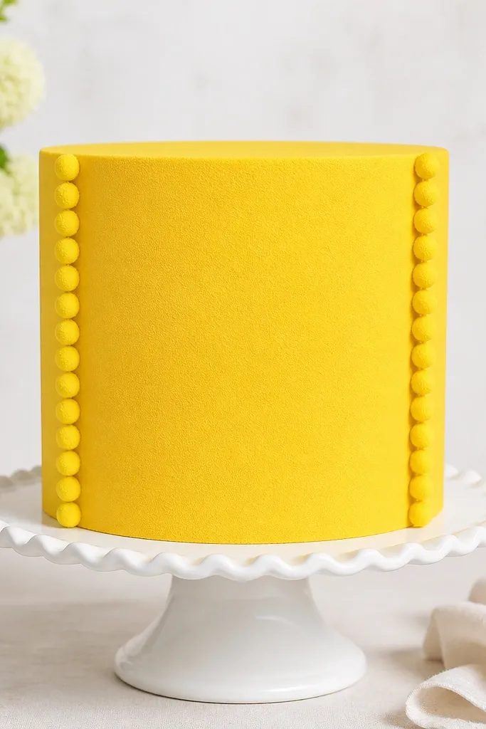 A bright yellow foam side wrap with two thin vertical stripes of tiny pom-poms; the back is plain and the pom-poms sit near the corners.