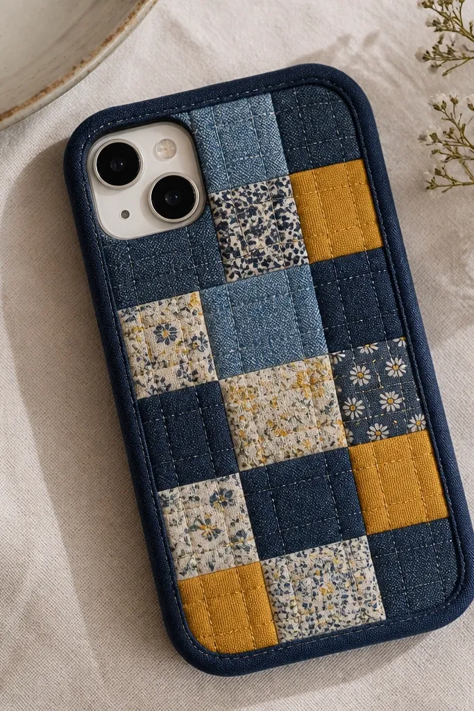 A patchwork phone cover made from small fabric squares in denim, mustard, and floral patterns with a navy bias tape binding around the edges.