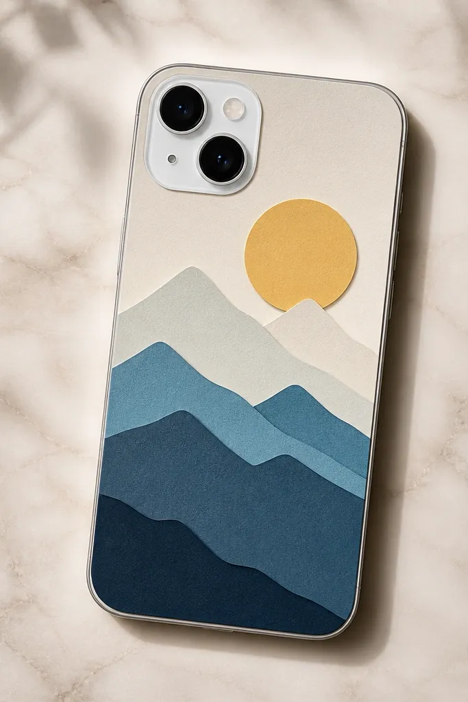 A phone back with layered paper cutouts of a simple mountain shape and a sun, sealed under clear contact film; edges are trimmed clean.