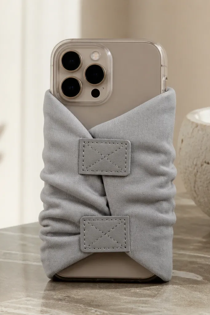 A phone held by a soft gray neoprene wrap like a tiny scarf, with two small Velcro tabs on the back; the wrap is slightly ruched on the sides.
