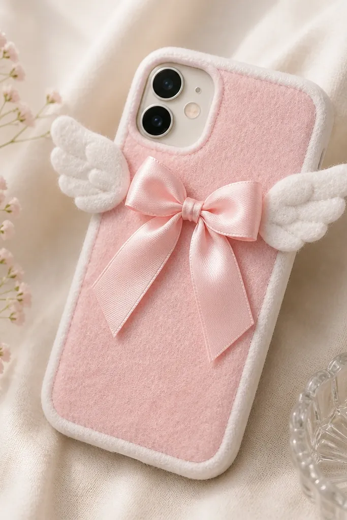 A light pink felt phone cover decorated with a satin bow and two small felt wings near the top; edges are bound in white felt tape.