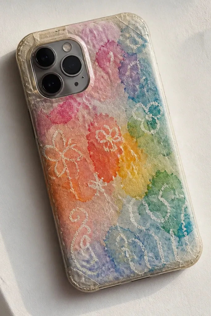 A phone back covered in wax paper with crayon-resist doodles and watercolor splashes; sealed under clear tape at the edges.