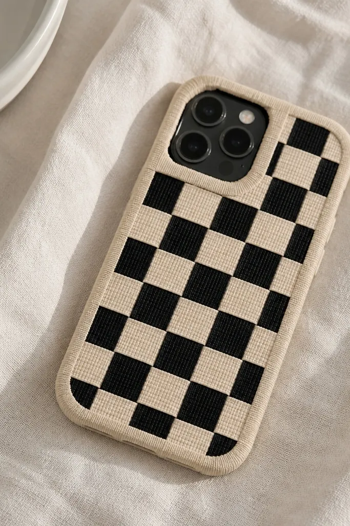 A phone cover with a checker pattern made from thin fabric tape strips in cream and black; the edges are wrapped with the same tape.