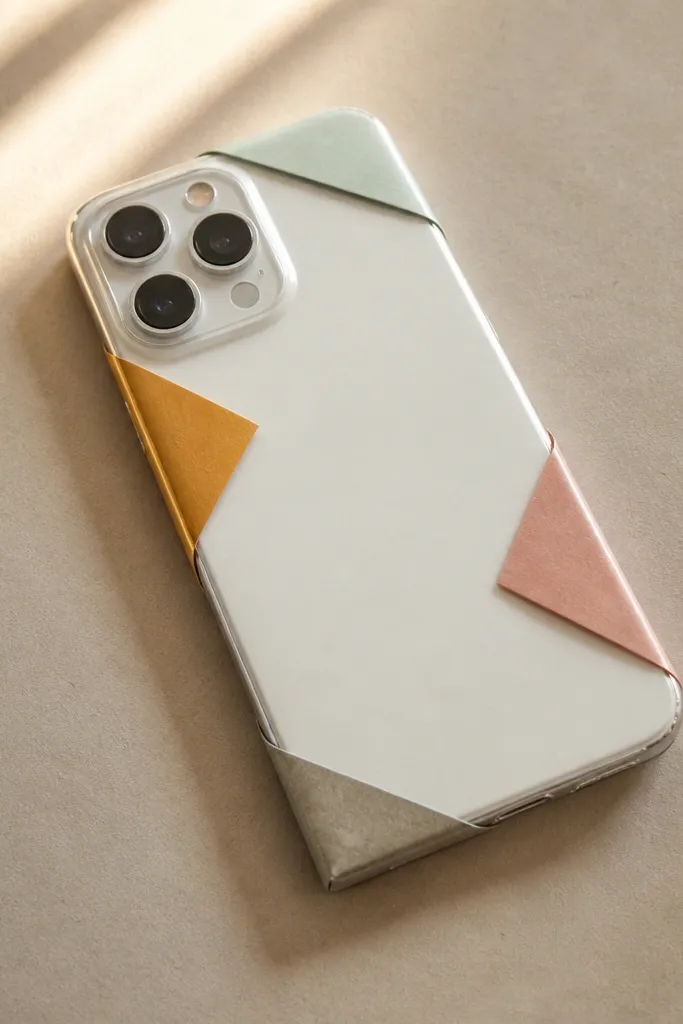 A phone back with folded paper corner flaps that cover the corners like small origami triangles; the whole thing is sealed under clear contact film.