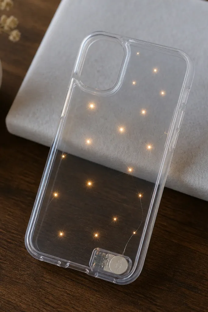 A clear TPU phone case on a table with a white felt square behind it; tiny LED star points glow through, with a small battery pack tucked into the bottom corner.