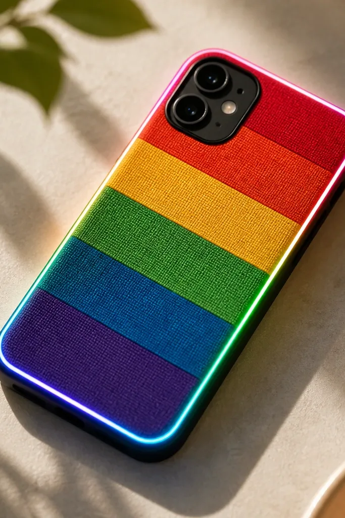 A phone back panel wrapped in rainbow fabric stripes; a thin LED strip runs along the border, glowing pink, green, and blue near the corners.