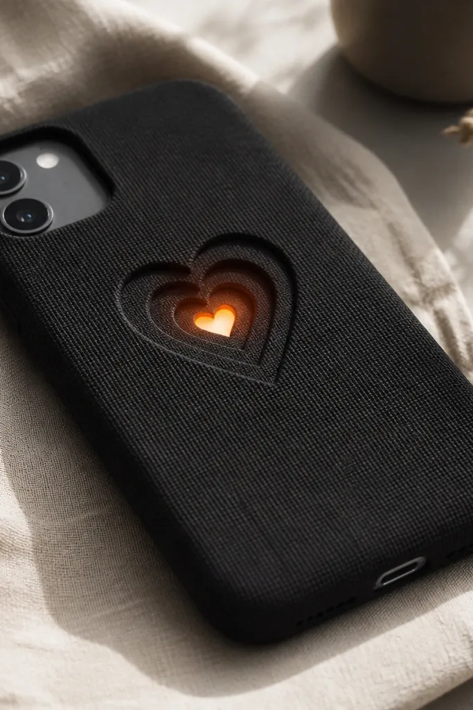 A black fabric-covered phone case with three layered heart cutouts; small LEDs glow inside the hearts, and the battery pack is hidden near the charging port side.