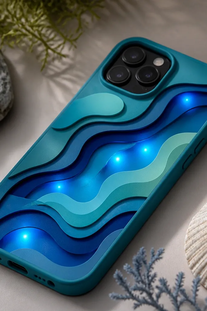 A teal and blue phone cover with wavy cut paper; LEDs glow like underwater light through semi-transparent blue gel sheets.