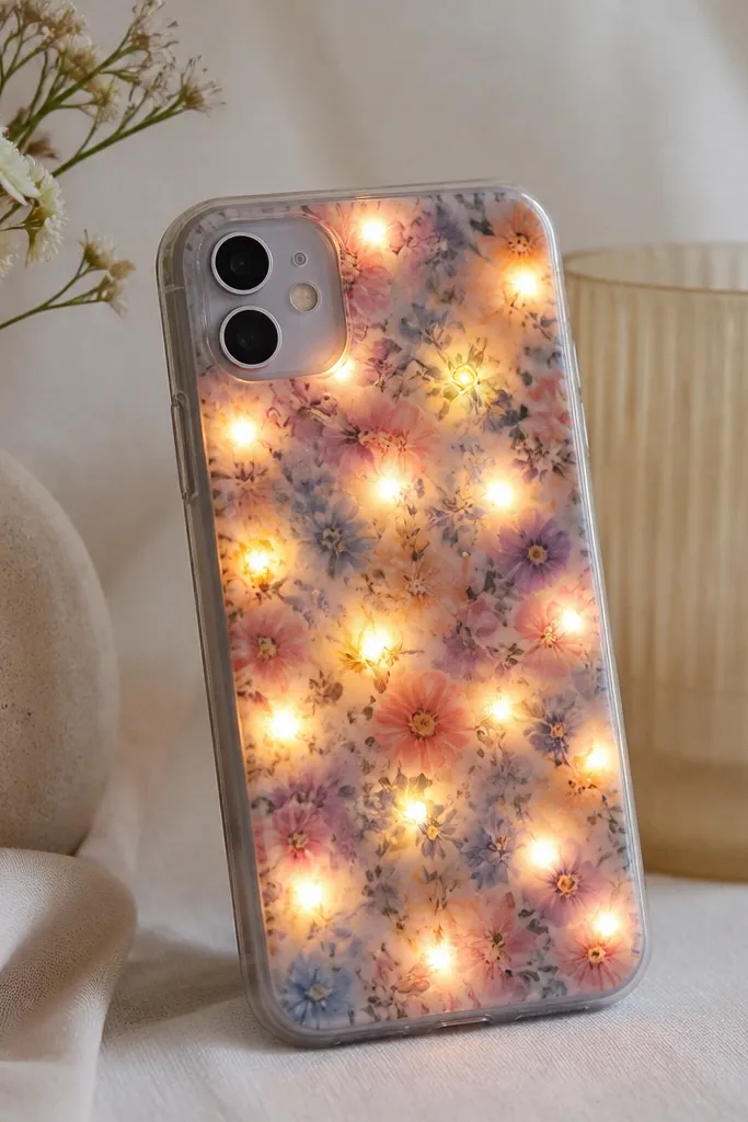 A floral-pattern phone case with dotted LEDs; a clear coaster-like plastic diffuser sits behind the pattern and makes the light look misty.