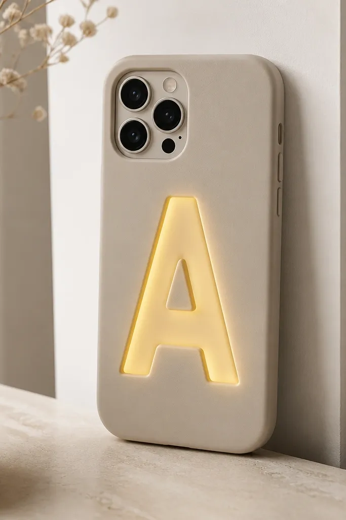 A neutral beige phone case with a large foam letter cutout; LEDs glow inside the letter shapes, with a battery pack hidden at the side bottom.