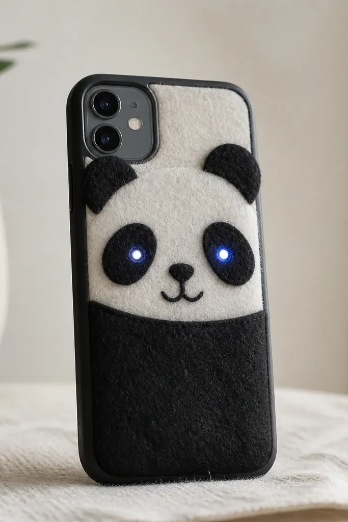 A black-and-white felt panda face on a phone case with tiny LEDs glowing in the eyes; the battery pack sits behind the bottom felt panel.