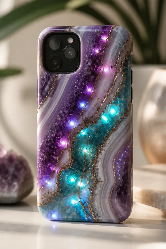 A phone case painted like a geode slice with purple and teal resin veins; multiple pin LEDs glow through the resin cracks.