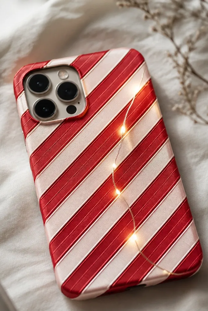 A phone case wrapped in candy-striped ribbon; a micro LED string runs diagonally like a glowing trail across the stripes.