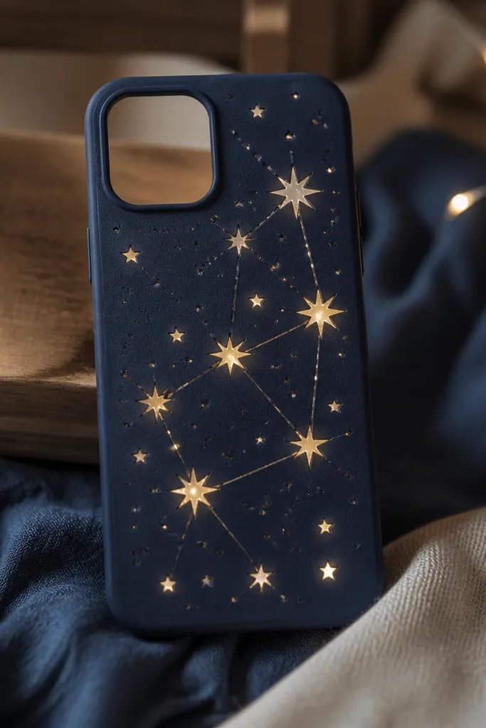 A deep navy phone case with perforated paper star shapes; LEDs glow behind and connect stars with thin silver thread.