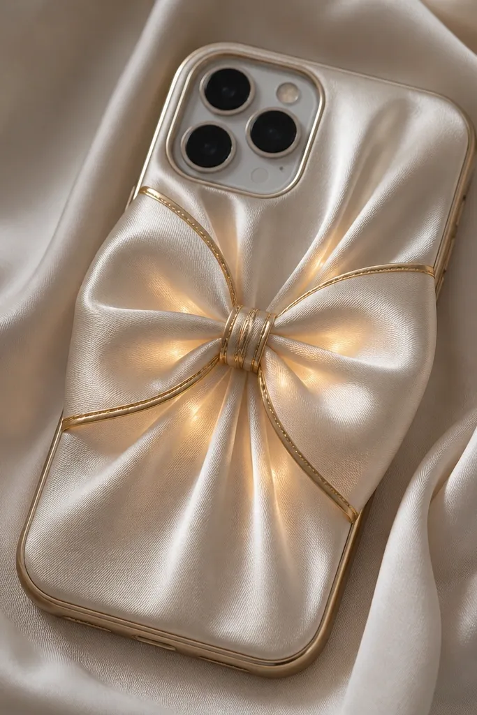 A satin phone case with a gold-edged bow tied at the center; small LEDs glow under the satin bow folds.