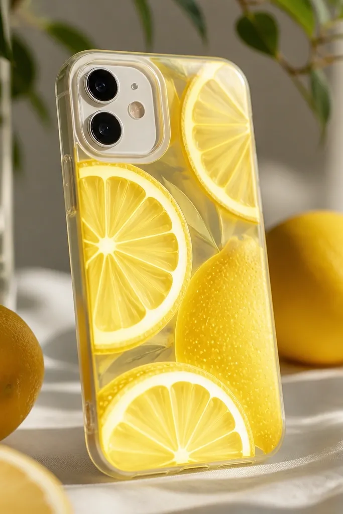 A bright yellow lemon-themed phone case with a semi-transparent outline; LEDs light the lemon rind and seeds from behind.