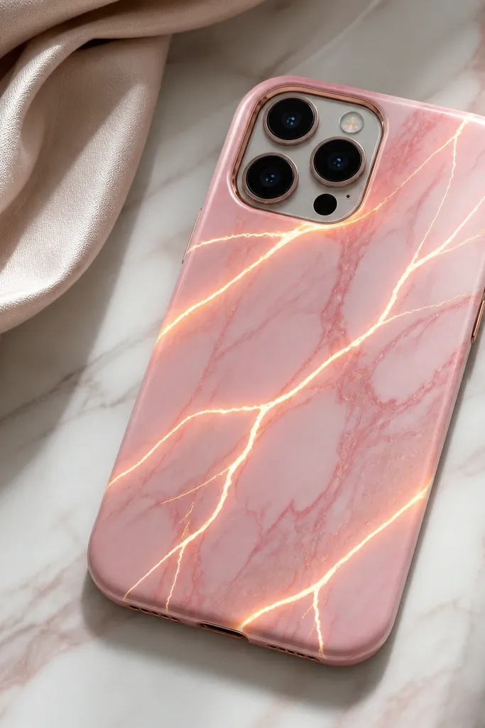 A pink marble-pattern phone case with thin LED lines following carved vein paths; the veins glow softly in the marble.