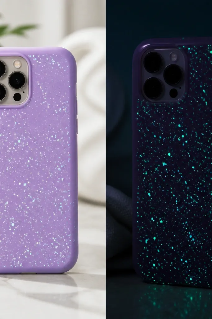 A purple phone case with scattered glow-in-the-dark powder dots; LEDs add bright accents while the background continues glowing after lights off.