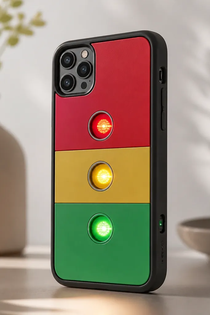 A red-yellow-green panel on a phone case with three round LED windows; a tiny switch and battery pack are hidden near the side edge.