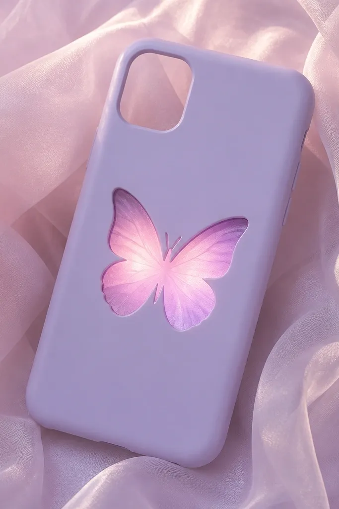 A pastel phone case with a butterfly cutout; thin organza layers glow from behind with soft pink and lavender light.