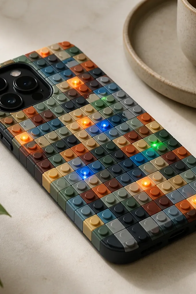 A phone case covered in small square brick stickers; LED dots glow inside a few square tops like tiny lights on a toy.