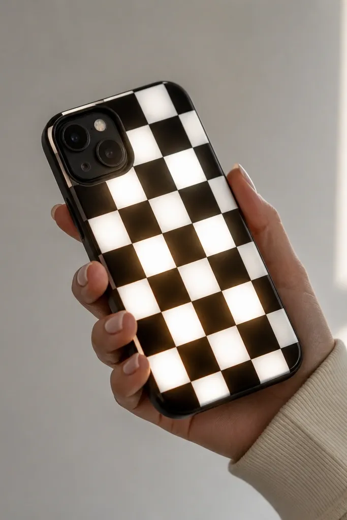 A black-and-white checkerboard phone case where alternating squares glow from LEDs; the battery pack is hidden at the bottom.