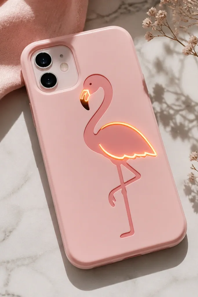 A blush pink phone case with a flamingo silhouette; a tiny LED glows inside the beak and around the wing edges.