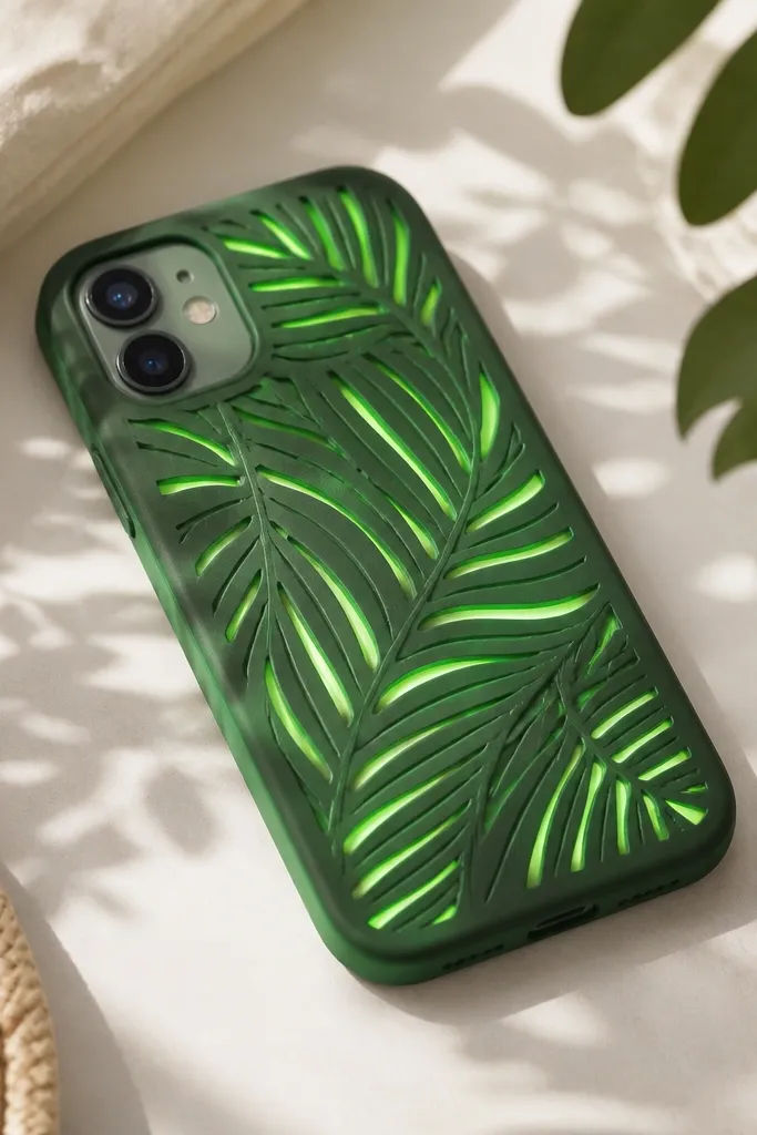 A green phone cover with palm leaf cutouts; LED lights glow in leaf veins under semi-transparent green backing.