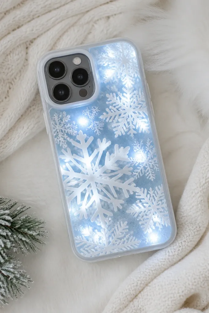 A winter phone case with white snowflake cutouts; LEDs glow behind a frosted acrylic sheet, making the snowflakes look icy.