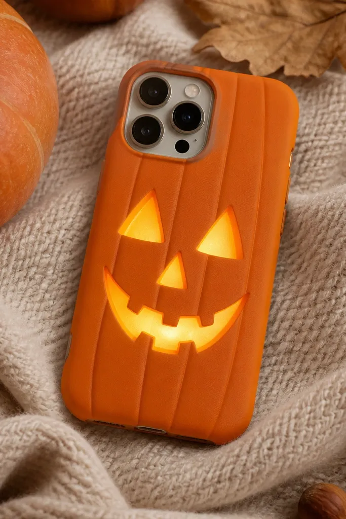 An orange pumpkin face on a phone case with carved triangle eyes and a glowing LED behind; orange gel sheet makes the glow look like candlelight.