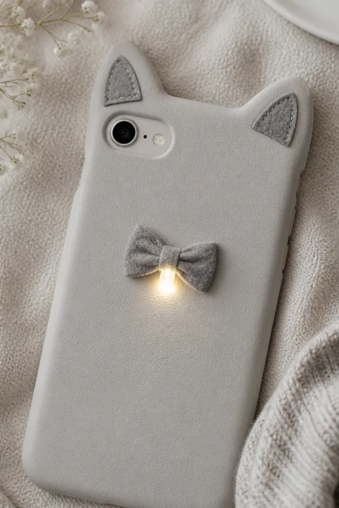 A light gray phone case with felt cat ears; a tiny LED glows under a small bowtie near the center, with wiring hidden behind.