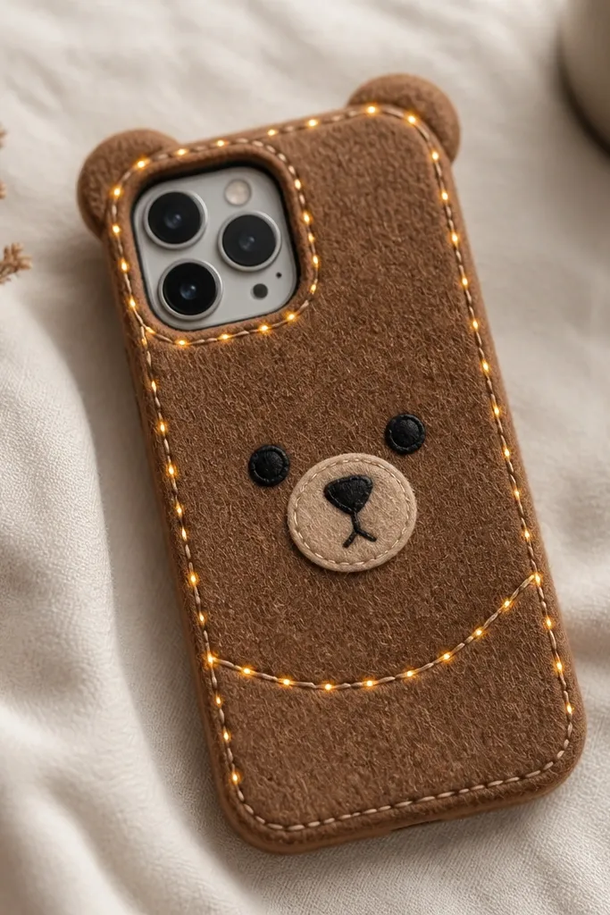A soft brown felt phone case with stitched-looking seams; small warm LEDs are hidden along the seam lines like tiny bear lights.