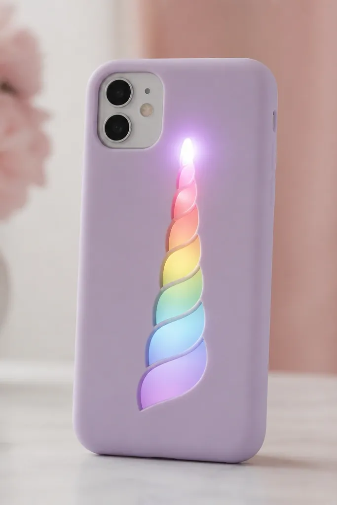 A pastel phone case with a rainbow unicorn horn cutout; the tip glows with a small LED surrounded by translucent horn material.