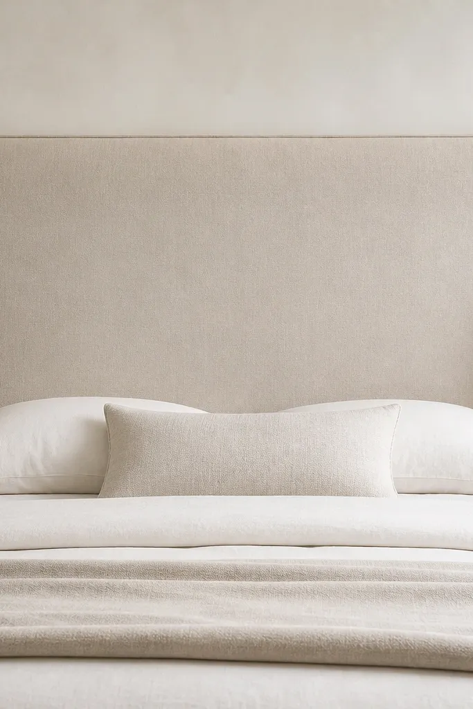 A queen-size headboard made from a single rectangular upholstered fabric panel. The front shows a smooth, taut oatmeal fabric with a narrow trim border. Behind it, the plywood is not visible, but the fabric corners are neatly wrapped with no visible wrinkles.