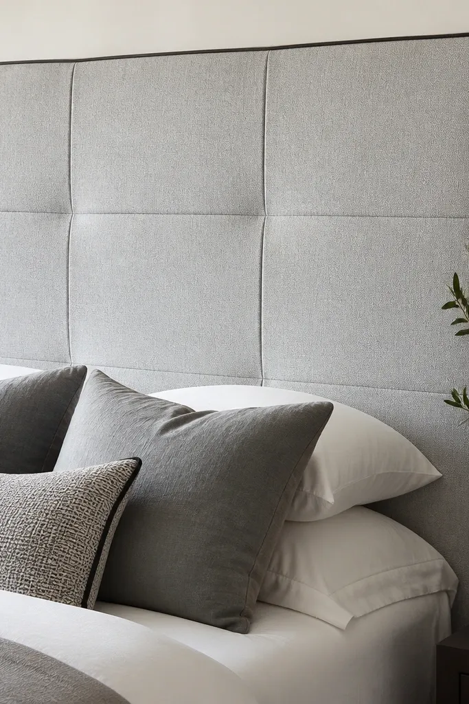 A tall fabric headboard with clear rectangular stitched sections. The fabric is light gray with slightly textured weave. Each box has a tight seam line, and the edges are wrapped smoothly with a dark contrast piping line.