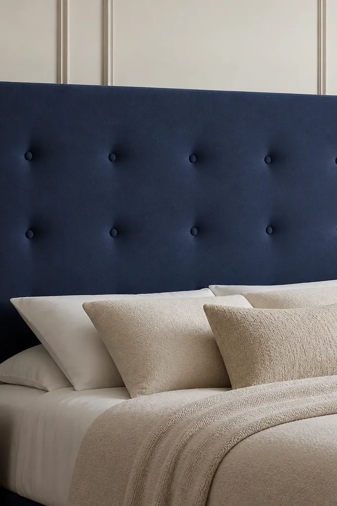 A headboard with three rows of tufted buttons. The fabric is deep navy, and the buttons are covered in matching fabric. The tufting creates gentle dimples and a smooth, slightly padded front.