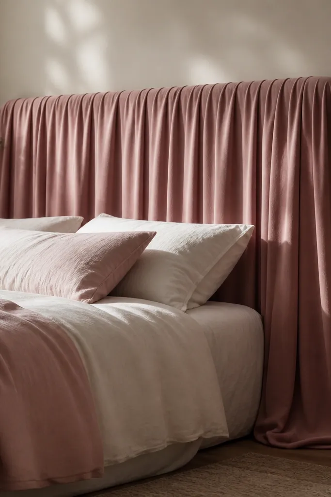 A headboard that looks like soft drapery. The fabric is a dusty rose or mauve with gentle vertical folds. The bottom edge hangs slightly heavier, forming a smooth curve near the floor.