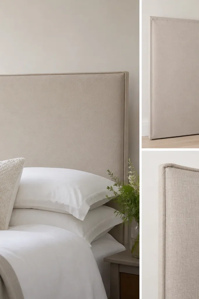 A headboard cover made from two fabric panels with visible French seams at the edges on the back. The front face looks smooth and tailored, with a neat border and no bulky folds.