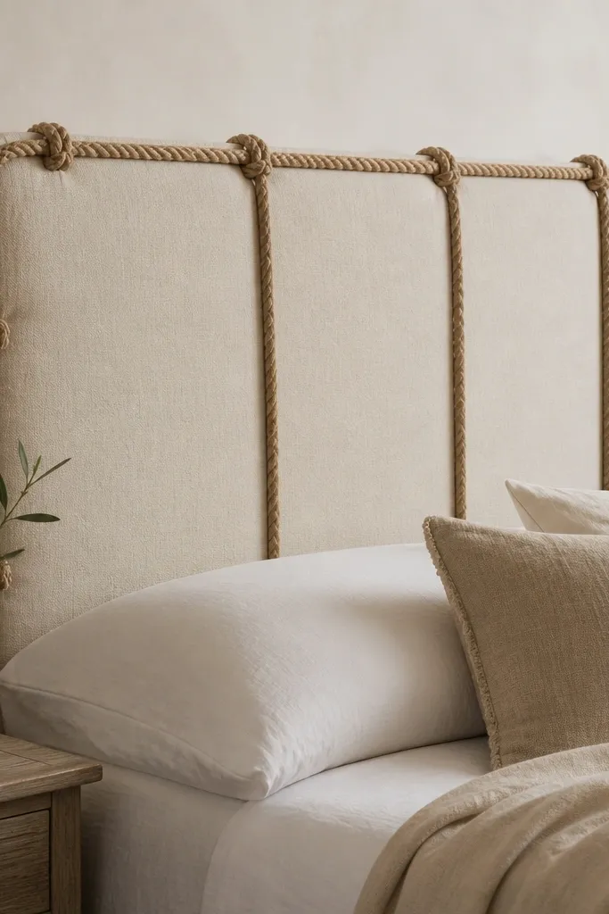 A fabric headboard with a rustic rope tied around the perimeter and a few vertical tension points. The fabric is beige canvas, and the rope is a natural jute color, forming visible loops and lines.