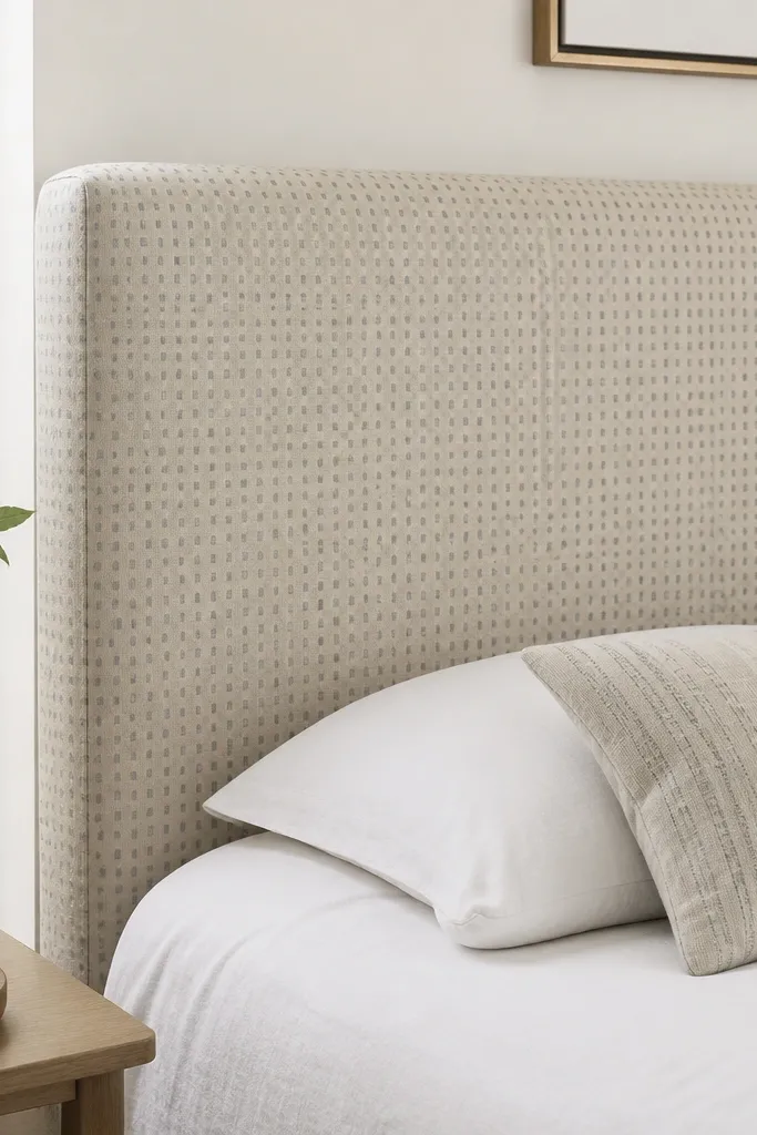A headboard with a removable cover that looks like a fitted slipcover. The fabric is patterned - small geometric dots. The edges are smooth with no loose flaps, and the cover hugs the corners tightly.