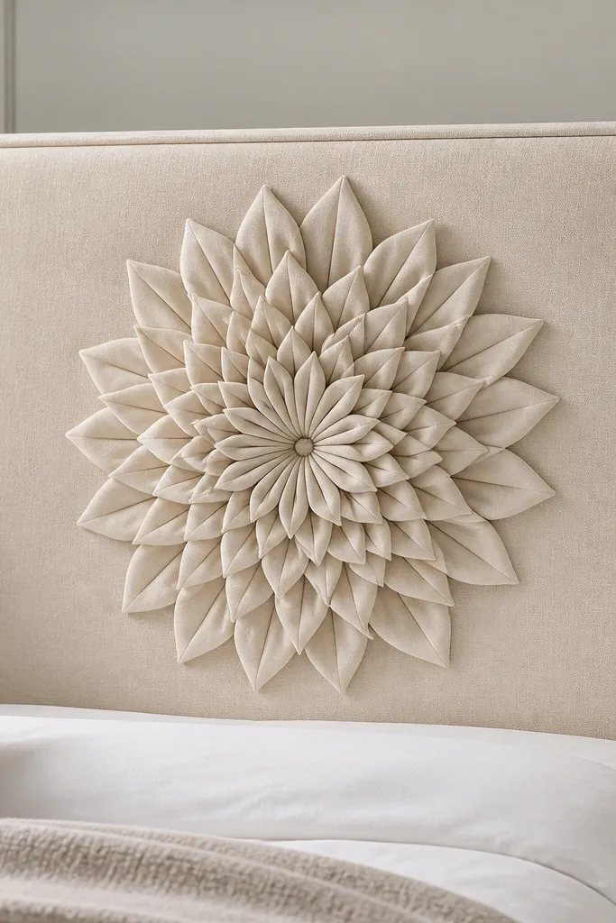 A headboard front with a large center rosette made from folded fabric petals. The rosette sits on a neutral upholstered background, and the edges are simple and clean.