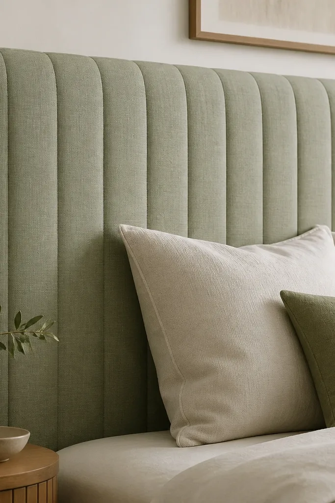A headboard with evenly spaced stitched channels like a quilt. The fabric is a soft sage green with subtle texture, and the stitching forms neat lines across the surface.