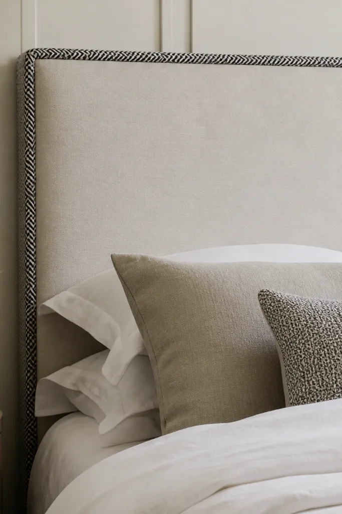 A headboard with a simple padded front and a herringbone bias trim around the edges. The front fabric is neutral, and the trim stands out with a black-and-white pattern.