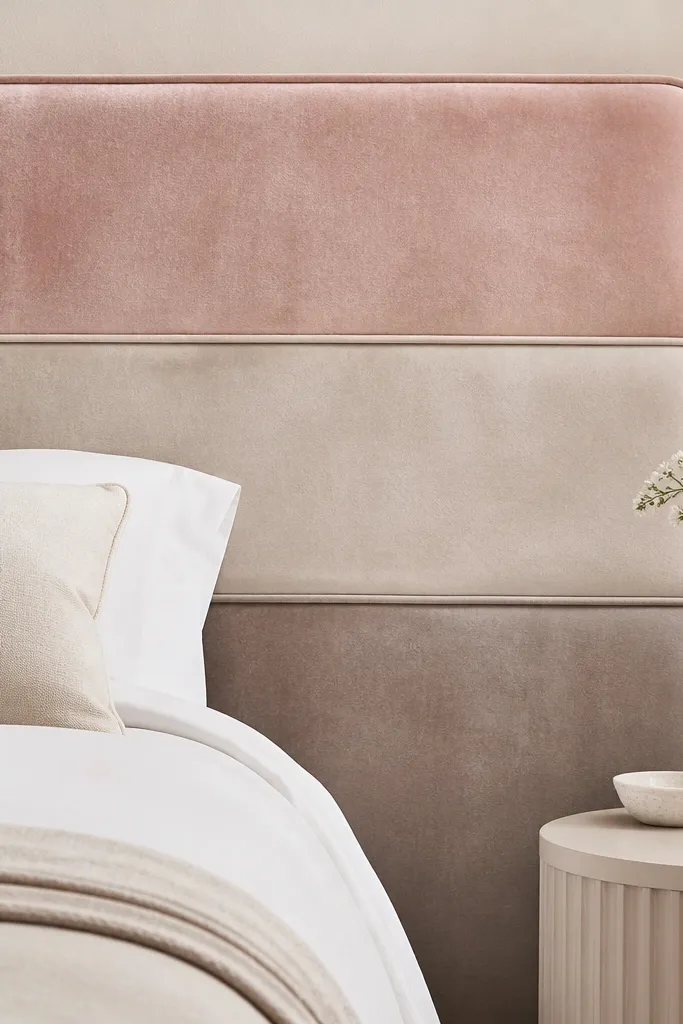 A headboard made from velvet with horizontal bands in three shades, like blush, sand, and taupe. The bands are separated by thin piping, and the fabric looks plush and light-catching.